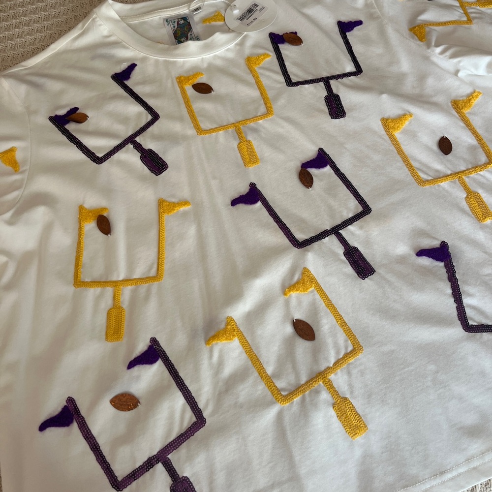 Queen of Sparkles White Embroidered Goalpost Tee with Purple & Gold Motif